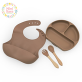 بشقاب سیلیکونی نوزاد ۳ بخش با کفی ساکشن قهوهای - ست غذاخوری سیلیکونی نوزاد