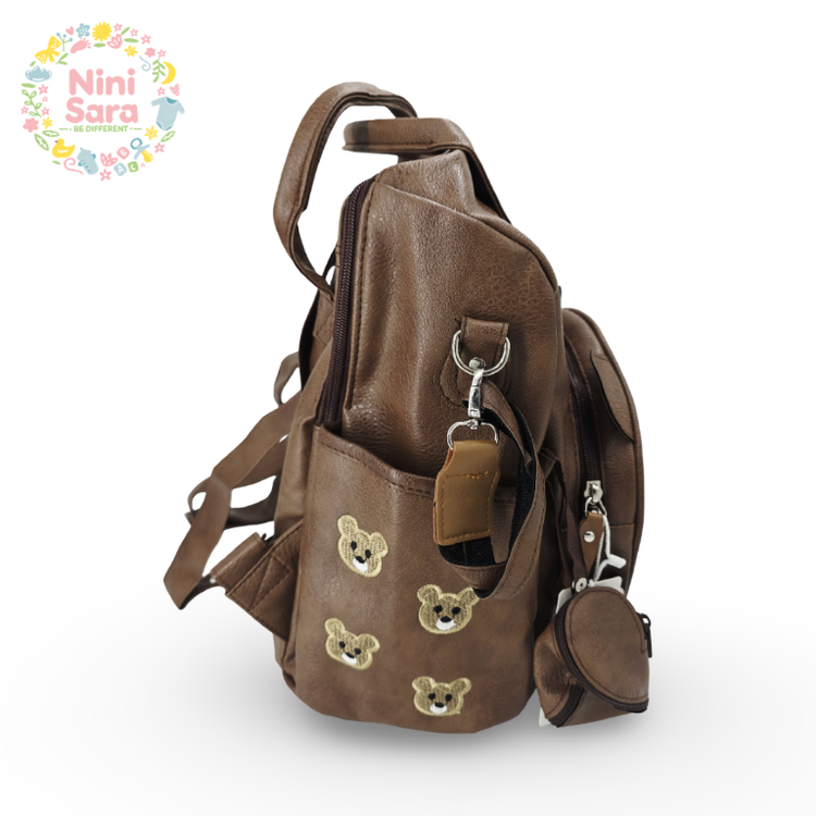 کیف کوله نوزاد مایورال مدل تدی ست ۴ تکه چرم رنگ قهوهای تیره